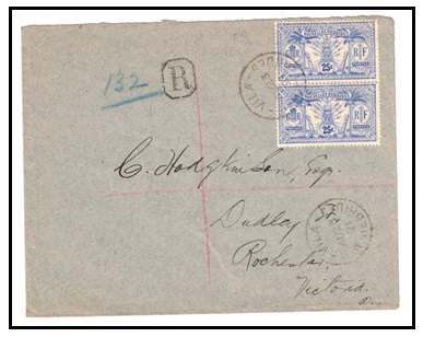 NEW HEBRIDES - 1923 25c pair on registered cover to Australia.