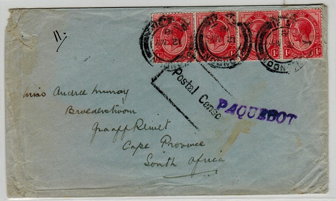 SOUTH AFRICA - 1918 4d rate PAQUEBOT cover struck by boxed POSTAL CENSOR h/s.