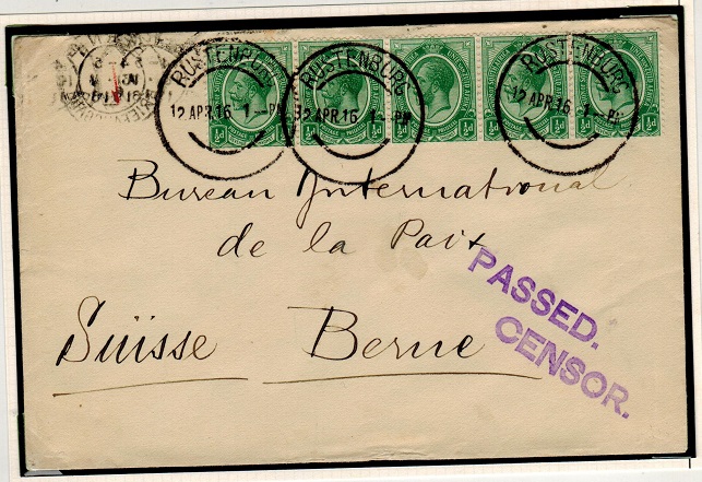SOUTH AFRICA - 1916 2 1/2d rate cover to Switzerland struck PASSED/CENSOR in violet.