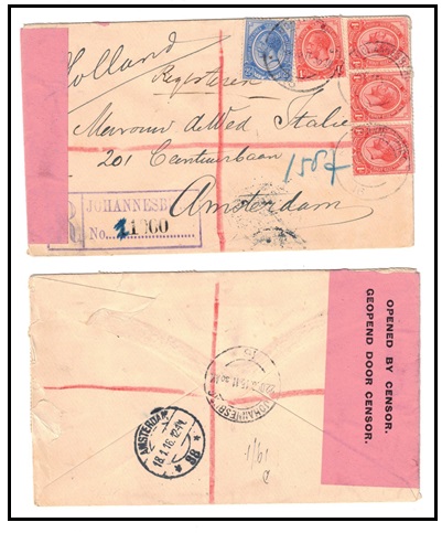 SOUTH AFRICA - 1915 6 1/2d rate registered cover to Amsterdam with pink OPENED BY CENSOR label.