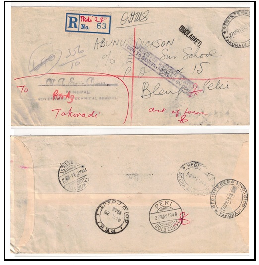 GOLD COAST - 1948 internal  OHMS registered UNCLAIMED cover from Takoradi to Peki.