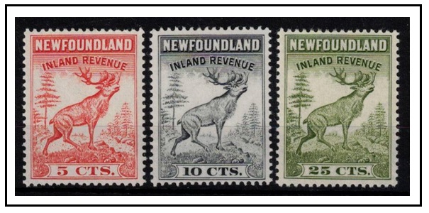 NEWFOUNDLAND - 1938 5c, 10c and 25c INLAND REVENUE adhesives fine mint.