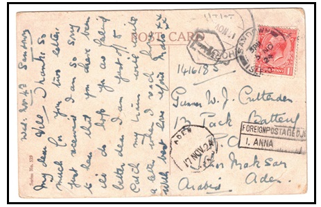 ADEN - 1924 underpaid postcard from UK to Khormaksar struck by ADEN/UNPAID h/s.