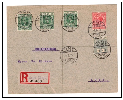 TOGO - 1915 local registered cover bearing un-overprinted Gold Coast adhesives used at LOME.