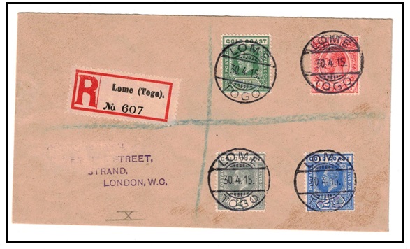 TOGO - 1915 registered cover to London bearing un-overprinted Gold Coast 1/2d-2 1/2d used at LOME.