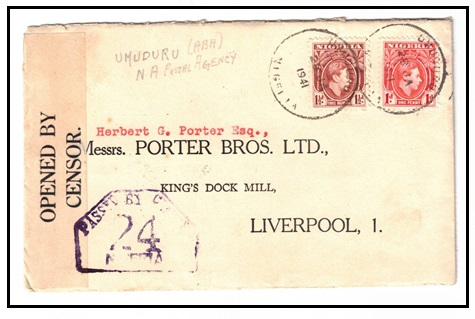 NIGERIA - 1941 2 1/2d rate commercial censored cover to UK used at UMUDURU with PBC/24 h/s.