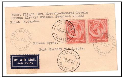 PAPUA - 1938 first flight cover from LOSUIA to Port Moresby by Stinson Seaplane.