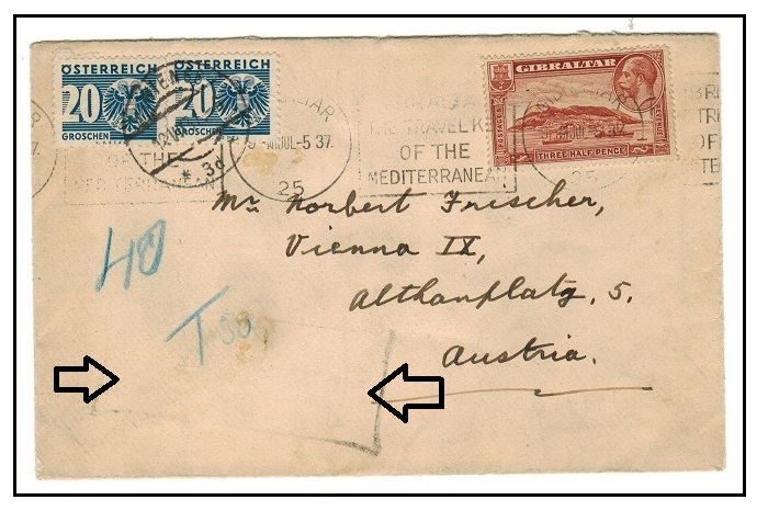 GIBRALTAR - 1937 1 1/2d rate underpaid tax cover to Austria with 20c 