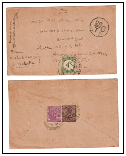 SINGAPORE - 1934 incoming underpaid cover from India with 4c 