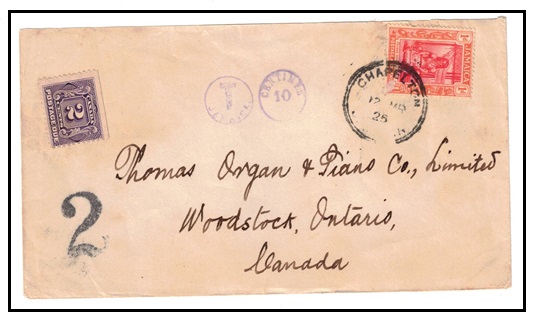 JAMAICA - 1925 underpaid 1d rate cover to Canada used at CHAPELTON with 2c 