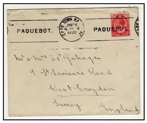 SOUTH AFRICA - 1920 1d rate cover to UK cancelled by PAQUEBOT/CAPE TOWN roller strike.
