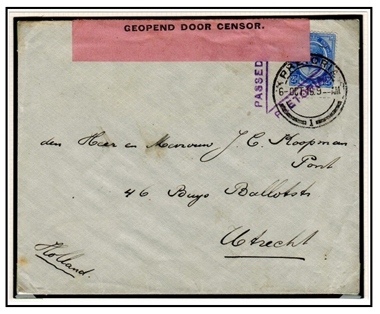 SOUTH AFRICA - 1915 2 1/2d rate censored cover to Holland used at PRETORIA.