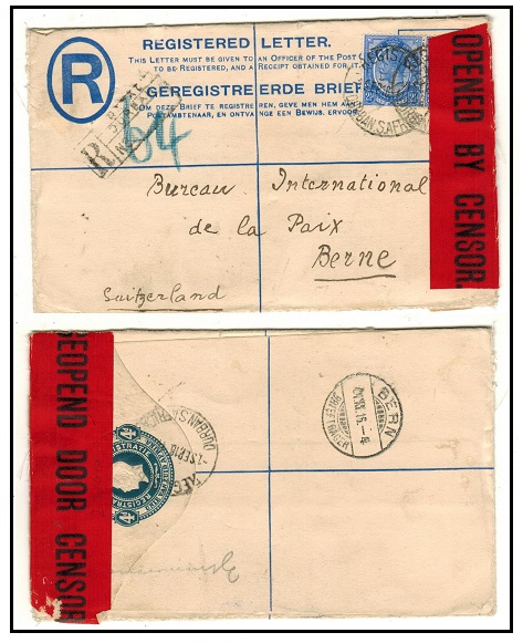 SOUTH AFRICA - 1913 4d blue RPSE uprated to Switzerland with rare bilingual censor label.