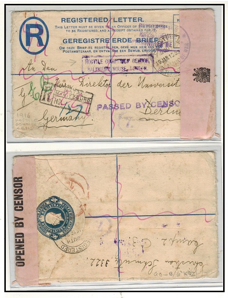 SOUTH AFRICA - 1916 4d blue RPSE to Germany with rare censor label and HOSTILE COUNTRY h/s. 