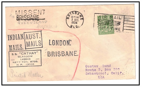 AUSTRALIA - 1934 inward S.S.CATHAY maritime cover from UK with MISSENT/BRISBANE h/s applied.