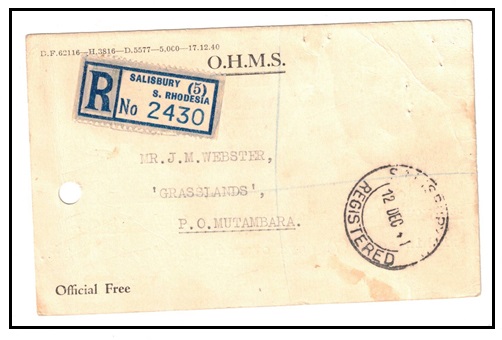 SOUTHERN RHODESIA - 1941 use of OHMS postcard used at SALISBURY.