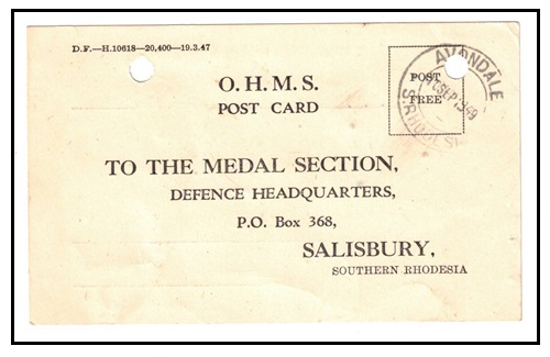 SOUTHERN RHODESIA - 1949 use of OHMS postcard used at AVONDALE.