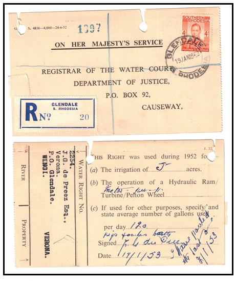 SOUTHERN RHODESIA - 1953 4d rate registered use of OHMS postcard used at GLENDALE.