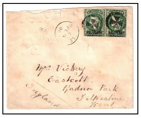 ST.HELENA - 1908 1d rate cover to UK cancelled by scarce cork cancel used for just 2 weeks.