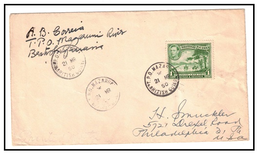 BRITISH GUIANA - 1950 1c rate cover to USA used at T.P.O.MAZARUNI.