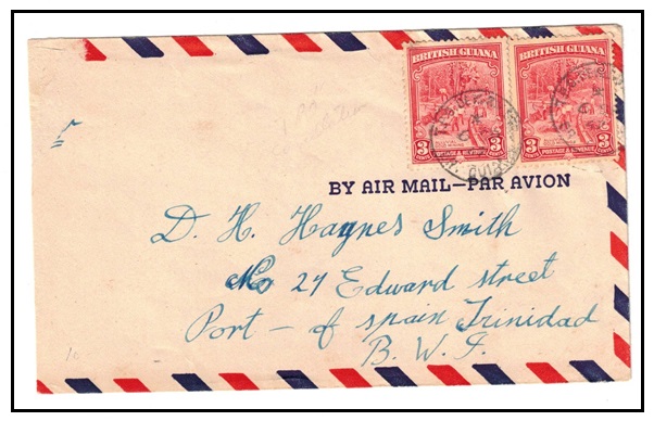 BRITISH GUIANA - 1942 6c rate cover to Trinidad used at T.P.O.DEM.RIV.STR.