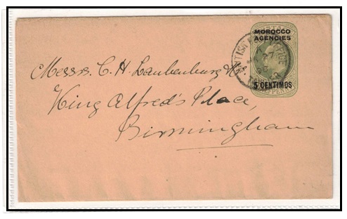 MOROCCO AGENCIES - 1906 5c on 1/2d postal stationery wrapper to UK used at BPO/TANGIER.  H&G 6.