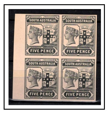 SOUTH AUSTRALIA - 1894 5d (SG type 23) IMPERFORATE PLATE PROOF block of four in black.