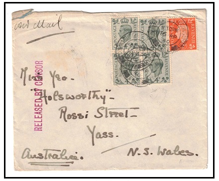 AUSTRALIA - 1940 inward cover from UK struck by rare 