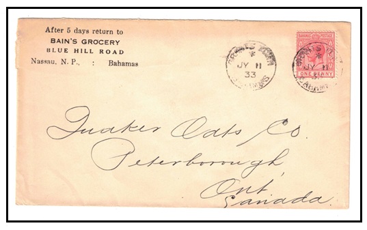 BAHAMAS - 1933 1d rate cover to Canada used at GRANTS TOWN.