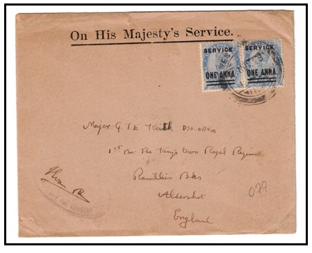 INDIA - 1928 ONE ANNA on 2a6p SERVICE pair on OHMS cover to UK.