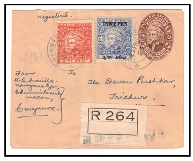 INDIA - 1948 9p brown PSE of Cochin uprated and registered  locally.  H&G 23.