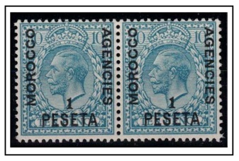 MOROCCO AGENCIES - 1914 1p on 10d turquoise blue mint pair with OVERPRINT DOUBLE ONE ALBINO. SG 135a