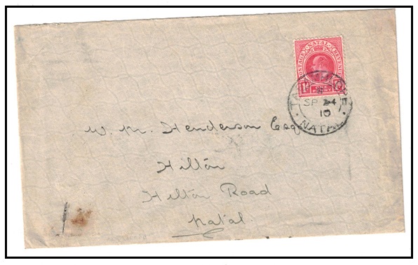 NATAL - 1910 1d rate local cover used at TABAMHLOPE.