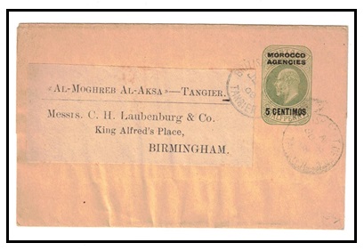 MOROCCO AGENCIES - 1906 5c on 1/2d  postal stationery wrapper to UK used at TANGIER. H&G 6.