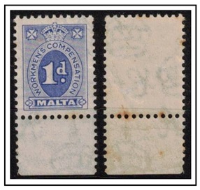 MALTA - 1929 1d blue WORKMENS COMPENSATION adhesive U/M.