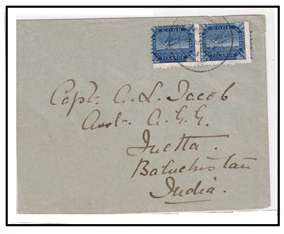 COOK ISLANDS - 1903 1/2d deep blue (x2) on cover to India used at RAROTONGA.