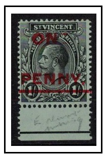 ST.VINCENT - 1915 1d on 1/- black on green fine mint with E OF ONE LARGELY MISSING.  SG 121