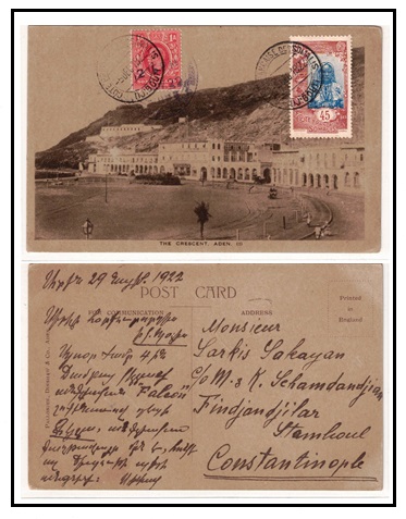 SOMALILAND - 1922 1a rate postcard use to Constantinople with Somalis 45c added on-route.