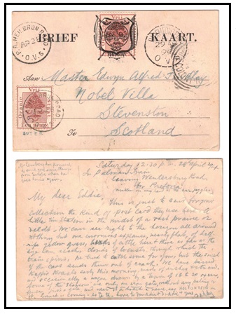 ORANGE FREE STATE - 1893 1/2d brown PSC uprated with 1/2d to UK used at P.S.HEILBRON ROAD.  H&G 12a.