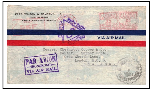 HONG KONG - 1940 stampless meter cover to UK from Philippines struck 