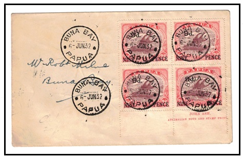 PAPUA - 1932 9d on 2/6d imprint block of four on local cover used at BUNA BAY.