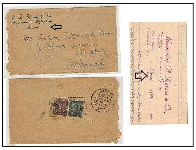 BR.P.O.IN E.A. - 1935 cover to Karachi sent from MUSCAT.