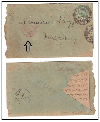 BR.P.O.IN E.A. - 1916 inward censored cover from Basra with MUSCAT arrival backstamp.