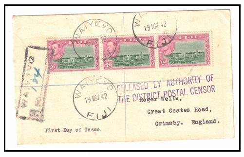 FIJI - 1942 6d registered FDC to UK used at WAIYEVO with RELEASED BY AUTHORITY postal censor h/s.