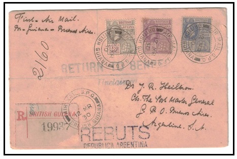 BRITISH GUIANA - 1930 first flight cover to Argentina (light tone spots). Only 44 flown.