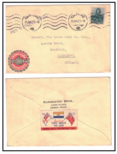 SOUTH AFRICA - 1942 1 1/2d rate cover to UK with BECAUSE/THEY SERVE/WE LIVE patriotic label.