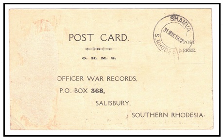 RHODESIA - 1922 use of OHMS postcard used at SHAMVA.