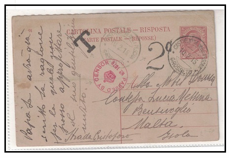 MALTA - 1915 inward underpaid 10c PSC from Italy censored and with 