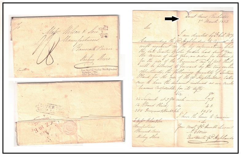 BARBADOS - 1832 military use of entire to Scotland sent via LIVERPOOL/SHIP LETTER.