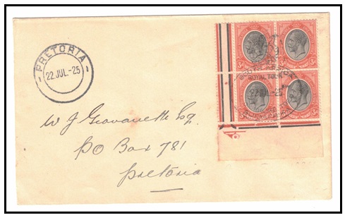 SOUTH AFRICA - 1925 cover bearing 3d block of four cancelled SOUTH AFRICA/ROYAL TOUR.